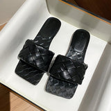 designer leather weaved slippers women soft bottom flat summer slide shoes for woman flipflops braiding sandals big