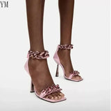 White Square Toe Sandals Women Unique Thin High Heels Back Zip Open Toes Metal Chains Decor Runway Sandalias Big Plus Szie