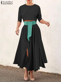 Elegant Dress Sets Women Summer Short Sleeve Button Up Top High Waist Belted Skirts ZANZEA Casual Lady Oversized Matching Sets