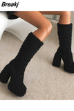 New Pink White Platform Women Knee-high Boots 2023 Winter Warm Plush Flock Gothic Style Chunky Heel Punk Women Shoes