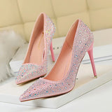 Breakj Korean Version Of Fashion Banquet Women's Shoes Thin Heel Shallow Mouth Pointed Head Sexy Show Thin Water Diamond Color Diamond High Heel Single