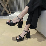 Women Shoes Genuine Leather Super High Heel Platform Thick Heel Sandals Square Toe Ladies Footwear Fashion Summer