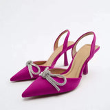 Women Slingback Sandals Crystal Bowknot Thin High Heel Pumps Shoes Ladies Elegant Shallow Pointed Toe Mules Slip on Party