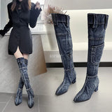 2022 Sexy Jean Boots Women's Knee-High Boot Zipper 6CM High Heel Woman Stylish Jeans Boots Ladies Denim Boot Female Shoes