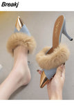 Sexy High Heels Women Fashion Fur Wedding Women Shoes 2023 New Suede Flip Flops Stiletto Pointed Toed Slippers