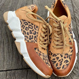 Women Autumn Leopard Thick-Soled Sneakers Stitching Lace-Up Sport Shoes Casual Ladies Vulcanized Wedges Tennis