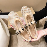 Breakj Button Net Large-Size Single-Shoe Women In The Spring Of 2025 New Flat Solid Color Ballet Shoes Hollow Fishing Net Shoes