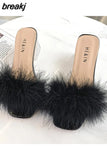 5CM Summer Fluffy Peep Toe Sexy High Heels Women Shoes Fur Feather Lady Fashion Wedding Slip-On Square Toe Women
