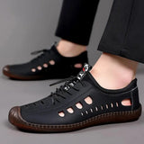 Men's Leather Casual Shoes Soft Bottom Men's Handmade Stitching Hollow Sandals Breathable Outdoor Work Shoes for