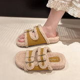 Slippers Female 2024 Autumn / Winter New Korean Version Of Fashion Color Stitching Soft Wool And Velvet Belt Buckle