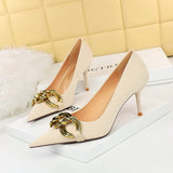 Breakj Fashion Banquet Women's Shoes Heel High Heel Shallow Pointed Big Metal Buckle Single Shoes High