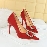 Breakj Fashion Banquet High Heels Fine Heel Shallow Pointed Satin Metal Water Diamond Buckle Single Shoe
