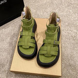 Sandals Woman Leather Low-heeled PU Rome Slides Fabric Hoof Heels Rubber Low Sandals Woman Leather Low-heeled Slides