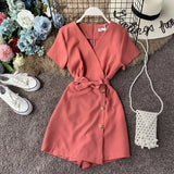 V-neck Beach Playsuits Women Vintage With Belt High Waist Wide-legged Shorts Pants Slim Holiday