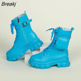 Women's Boots Pocket Lace Up For Women Platform Combat Ankle Boots 2021 Fashion Female Knee High Boot Ladies Chunky Heel