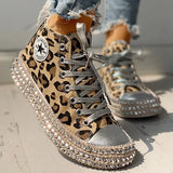 Woman Spring Leopard Print Canvas Fashion Sneakers Rhinestone Sequin Flat Wild Women's Shoes Youth Casual Shoes Plus