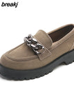 Size 34-42 Women Casual Loafers Real Leather Flats Fashion Platform Shoes Chain Chunky Heel Shoes Ladies Retro