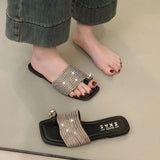 Breakj New Toe-Word Drag Water Drill Temperament Fashion Flat Shoes Silver Square Head Niche Design
