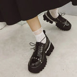 Darkness Black Gothic Pumps with Metal Chain Women's Lace-up Platform Shoes Heel Height 7cm Thick Bottom School Girls