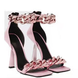 White Square Toe Sandals Women Unique Thin High Heels Back Zip Open Toes Metal Chains Decor Runway Sandalias Big Plus Szie