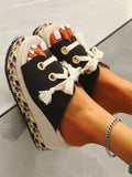 Summer Shoes 2022 Summer Lace Up Height Increase Wedge Slippers Women Plus Size Closed Toe Straw Platform Sandals