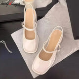 Heels Mary Jane Sandals Women 2023 Summer Red Patent Leather Slingbacks Pumps Woman Square Toe Thick Heeled Shoes