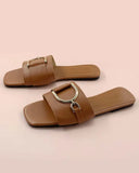 Breakj Color Large Square Head Metal Buckle Fluorescent Flat-Bottomed Slippers Women's Shoes Fashion