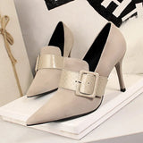 Breakj Women's Shoes High Heel Suede Sexy Nightclub Show Thin Snake Grain One Word Belt Belt Buckle Deep Mouth Single