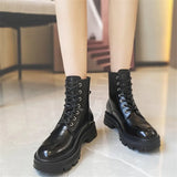 Women Genuine Leather Motorcycle Boots Round Toe Lace Up Shoes Thick Med Heel Ladies Ankle Boots 2021 Autumn Winter