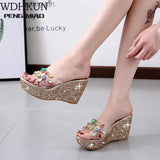 2020 Women Transparent Clear Crystal Sequins Platform Wedge Thick Sole Sandals High Heels Mules Slides Summer Beach