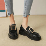 Crystal metal buckle oxfords british small leather shoes women 2023 slip on flats thick heels matte&shiny leather