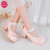 Lace Edge Lolita Shoes Women High Heels Non-Slip Straps Bow Cute Girls Princess Party Pumps Japan Students Cosplay Plus