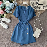 V-neck Beach Playsuits Women Vintage With Belt High Waist Wide-legged Shorts Pants Slim Holiday