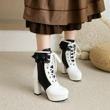 Kawaii Chunky High Heels Lolita Ankle Boots Womens Office Party Lace Up Brogues Platform Shoes Cosplay Motorcycle Snow