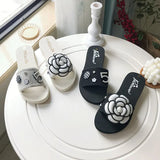 camellia decoration slippers women flat heel beach sandals pearl number slides summer shoes woman flower rivet flip