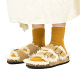 2023 New Fur Inside Cork Slipper Autumn Winter Women Casual Nubuck Leather Outside Men Buckle Soft Plush Slides