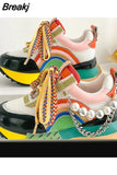 2023 Women's Shoes Lace Up Rainbow Pearl Chain Women's Vulcanized Shoes Thick Soled Sneakers Zapatos De Mujer Women's