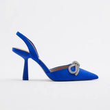 Women Slingback Sandals Crystal Bowknot Thin High Heel Pumps Shoes Ladies Elegant Shallow Pointed Toe Mules Slip on Party