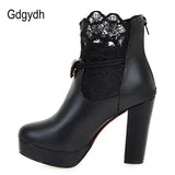 2021 Lace Ankle Boots Thick High Heeled Female Short Boots Round Toe Platform Ladies Shoes White Wedding Shoes Plus