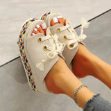 Summer Shoes 2022 Summer Lace Up Height Increase Wedge Slippers Women Plus Size Closed Toe Straw Platform Sandals