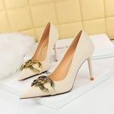 Breakj Fashion Banquet Women's Shoes Heel High Heel Shallow Pointed Big Metal Buckle Single Shoes High