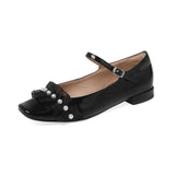 Spring Autumn Full Real Leather Sweet Lolita Shoes Square Toe Ruffles Pearls Buckle Strap Chuncky Heels Elegant Party