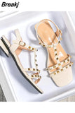 Heeled Sandals Fashion Womens Shoes 2023 Large Size Med Black Luxury Summer New Studded Girls Comfort Big Medium Low