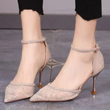 Sexy Black Mesh High Heels Shoes Women Summer 2023 Pointed Toe Crystal Pumps Woman Shiny Ankle Strap Party Shoes