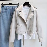Spring Autumn Women Faux Leather Jacket Slim Streetwear Khaki Leather Coat Biker Moto Jacket with Belt Female