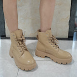 Women Genuine Leather Motorcycle Boots Round Toe Lace Up Shoes Thick Med Heel Ladies Ankle Boots 2021 Autumn Winter