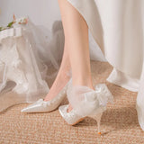 Breakj Bow High Heel Bridesmaids Shoes Pearl Fine Heel Temperament Banquet Shoes 2025 New Haute Couture