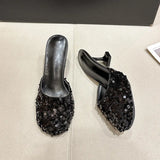 Slippers Female 2023 Summer Show Sequins Round Head Thin With High With Baotou Back Fashion Casual Half