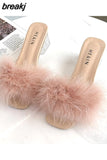 5CM Summer Fluffy Peep Toe Sexy High Heels Women Shoes Fur Feather Lady Fashion Wedding Slip-On Square Toe Women