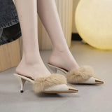 Sexy High Heels Women Fashion Fur Wedding Women Shoes 2023 New Suede Flip Flops Stiletto Pointed Toed Slippers
